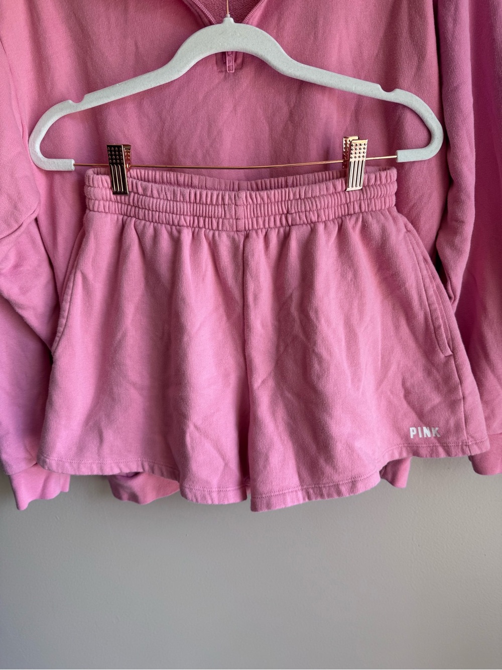 PINK Victorias Secret Fleece Pullover And Shorts Set Pink Lounge Outfit S M - Picture 3 of 16